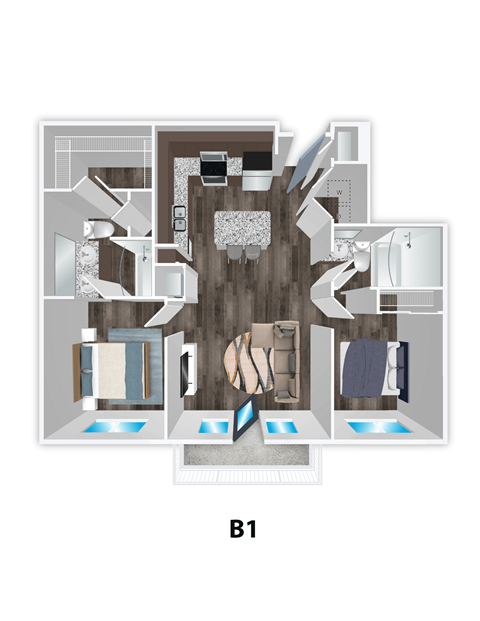 Floor plan for 2 beds, 2 baths, 1064 sqft